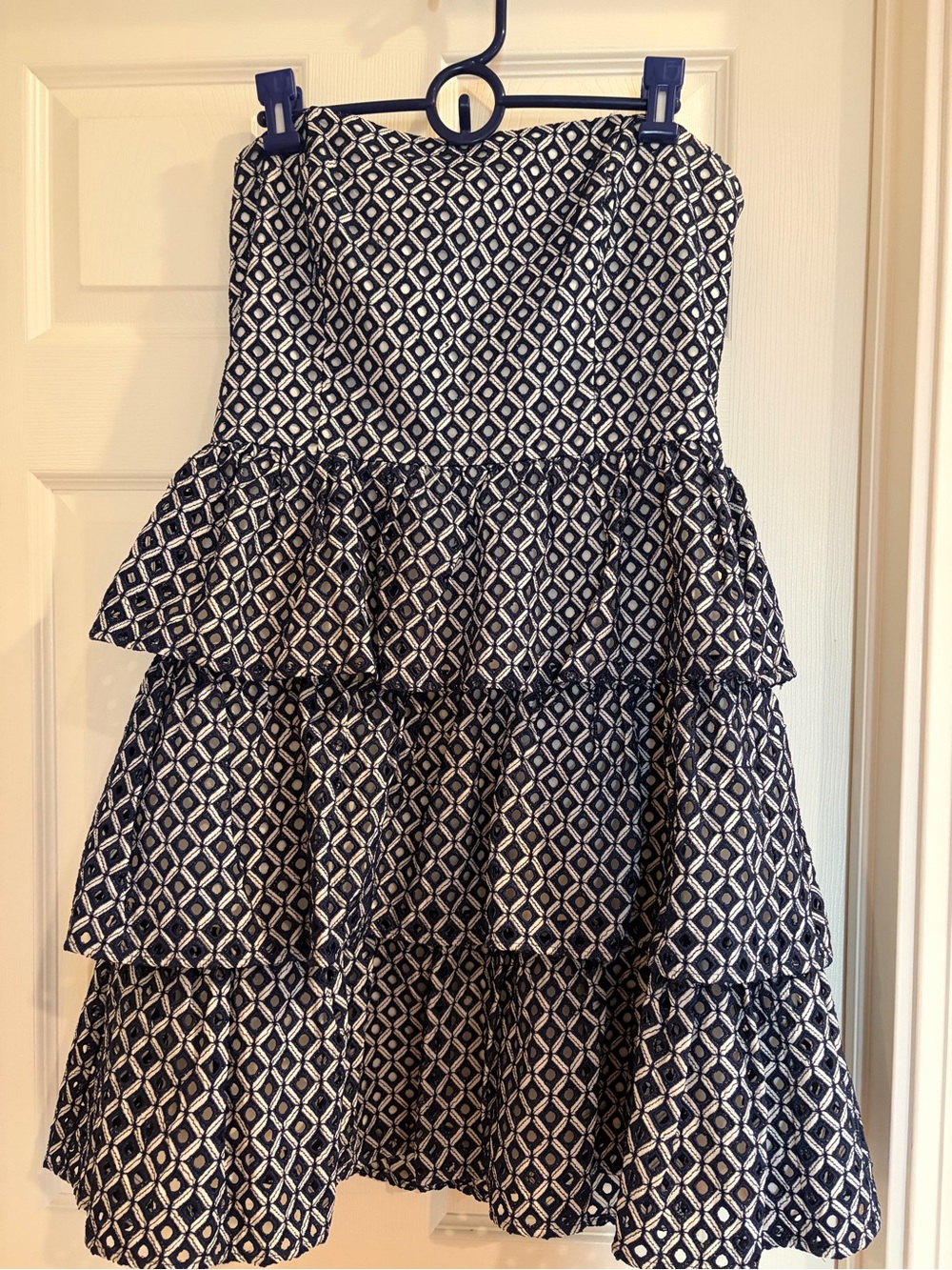 White House Black Market Navy and White Eyelet Tiered Strapless Dress-Size 12